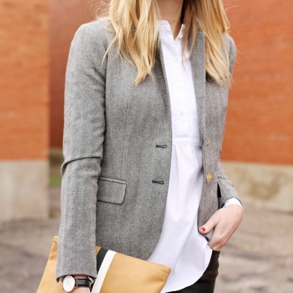 J. Crew Factory Gray Wool Herringbone Blazer with Gold Buttons